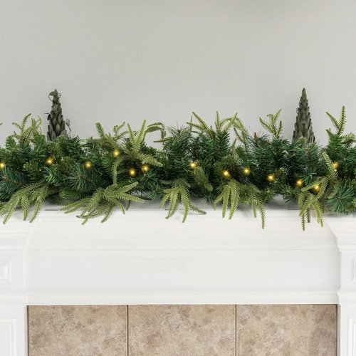 Prelit Christmas Garland 9ft with 50 LED Lights, Battery Opreated Christmas Decor Timer for Mantle Staircase Indoor and Outdoor Prelight Xmas Garland