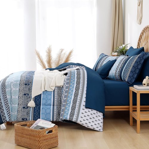 Boho Comforter Set Queen Size,8 Pieces Navy Blue Bohemian Striped Bed in a Bag,Paisley Soft Microfiber Bedding Comforter Set