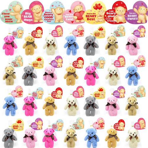 Giaueoa 28 Pack Valentines Day Gifts for Kids with Bears Plush Toy, Valentine's Greeting Cards for Kids Classroom Exchange, Prize Supplies
