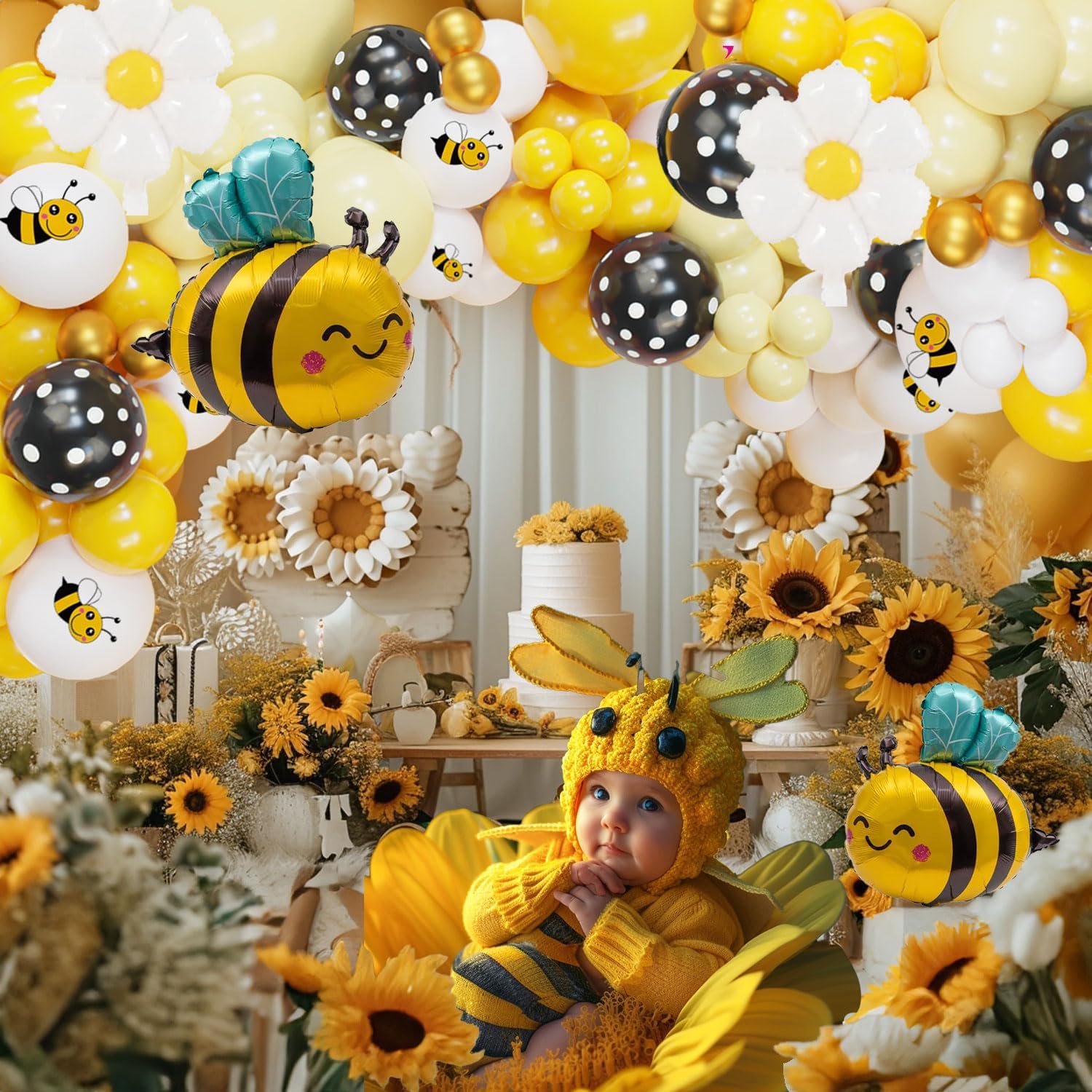 Bumble Bee Balloon Garland Kit - 135 Pcs Yellow, Black & White Arch for Baby Showers & Birthday Parties