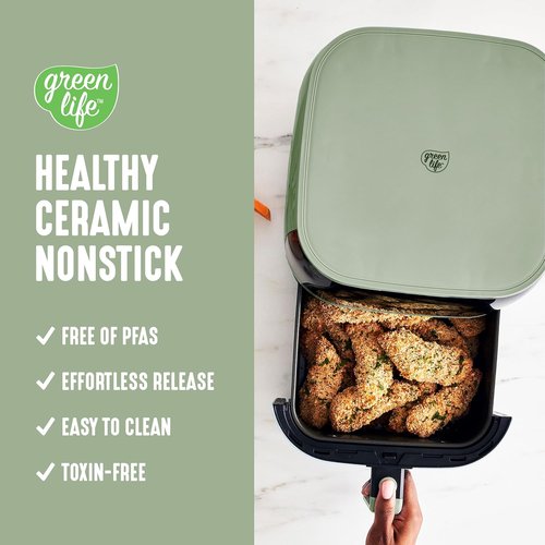 GreenLife Compact Electric Air Fryer Oven - 5.3 QT, PFAS-Free Ceramic Nonstick, Easy View Window, Sage