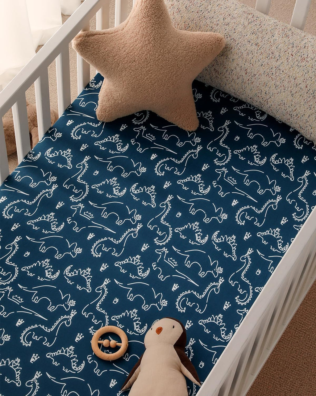 Yoofoss Baby Pack and Play Sheets - Ultra Soft Dark Blue Dinosaur Fitted Mini Crib Sheets 38x26
