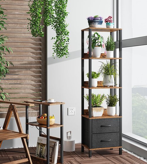 VIMBER Tall Bookshelf with Drawers, 6-Tier Tall Bookcase for Books, Garage Kit, CDs, Movies, Modern Standing Bookshelves Storage Organizer for Bedroom Office Living Room Rustic Brown USSJ002F