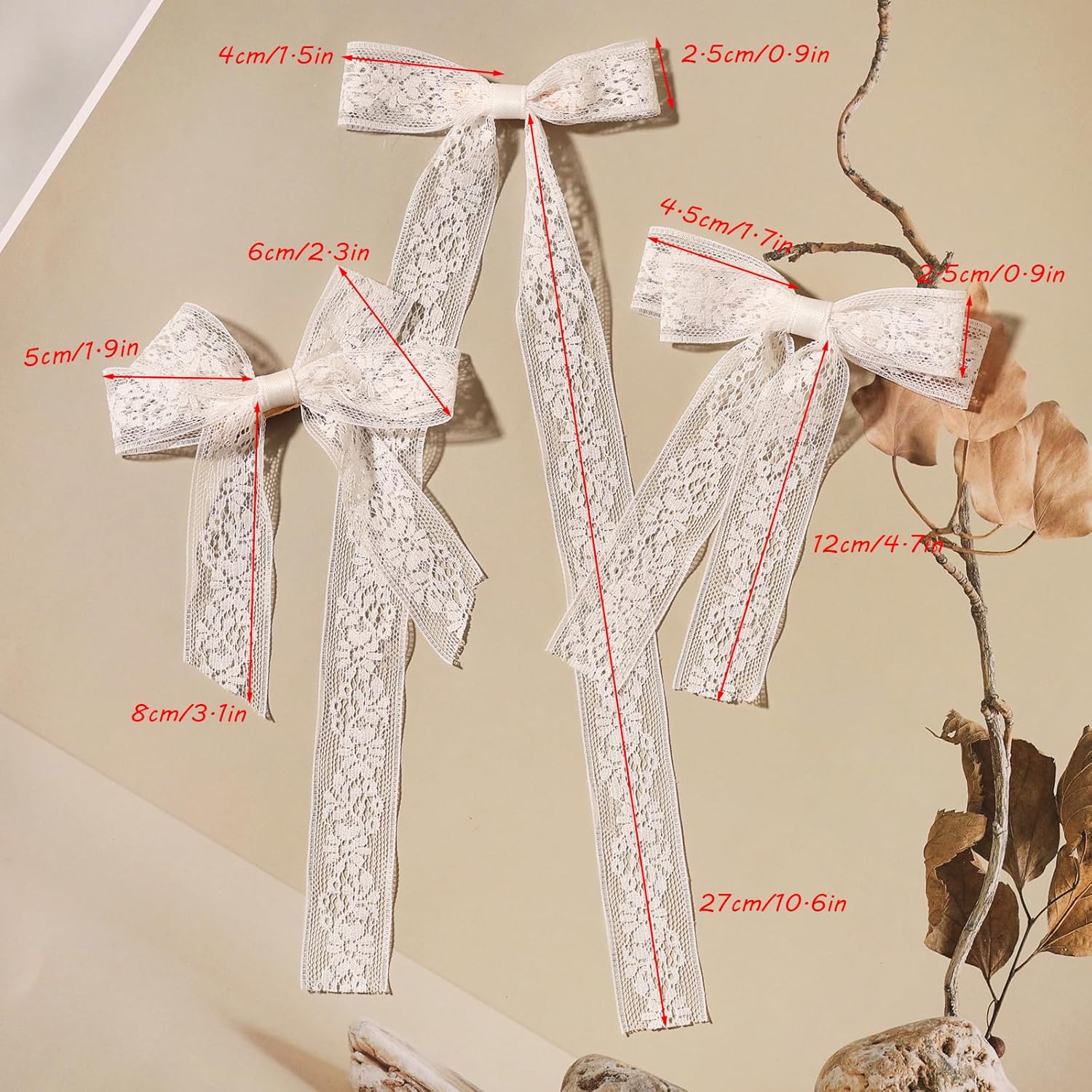 Skiennix White Lace Tulle Hair Bows - Long Tail Ribbons & Tassel Barrettes for Women