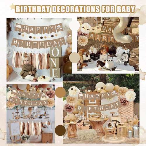 Birthday Decorations for Girls Boys, Brown Happy Birthday Banner with Felt Ball Garland Paper Pompoms Tassel Garland, Beige Cream Neutral Boho Birthday Party Balloons for Women Men Baby Shower