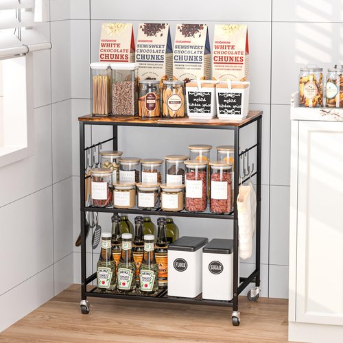 Abiglifty 3-Tier Rolling Kitchen Cart, Microwave Cart with Lockable Wheels, Kitchen Utility Cart, Mobile Microwave Stand with Storage for Living Room, Office, Balcony, Bathroom, Black