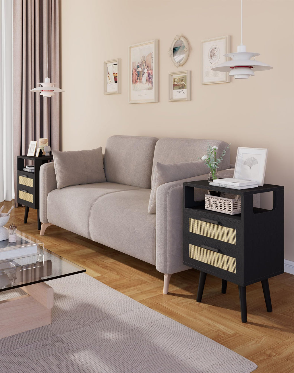 YMYNY Nightstand with 2 Drawers, Boho Side Table, Handmade Rattan Decorated, Open Shelf Unit with Arched Design, Solid Wood Legs, Storage Cabinet for Bedroom, Natural UHST015N