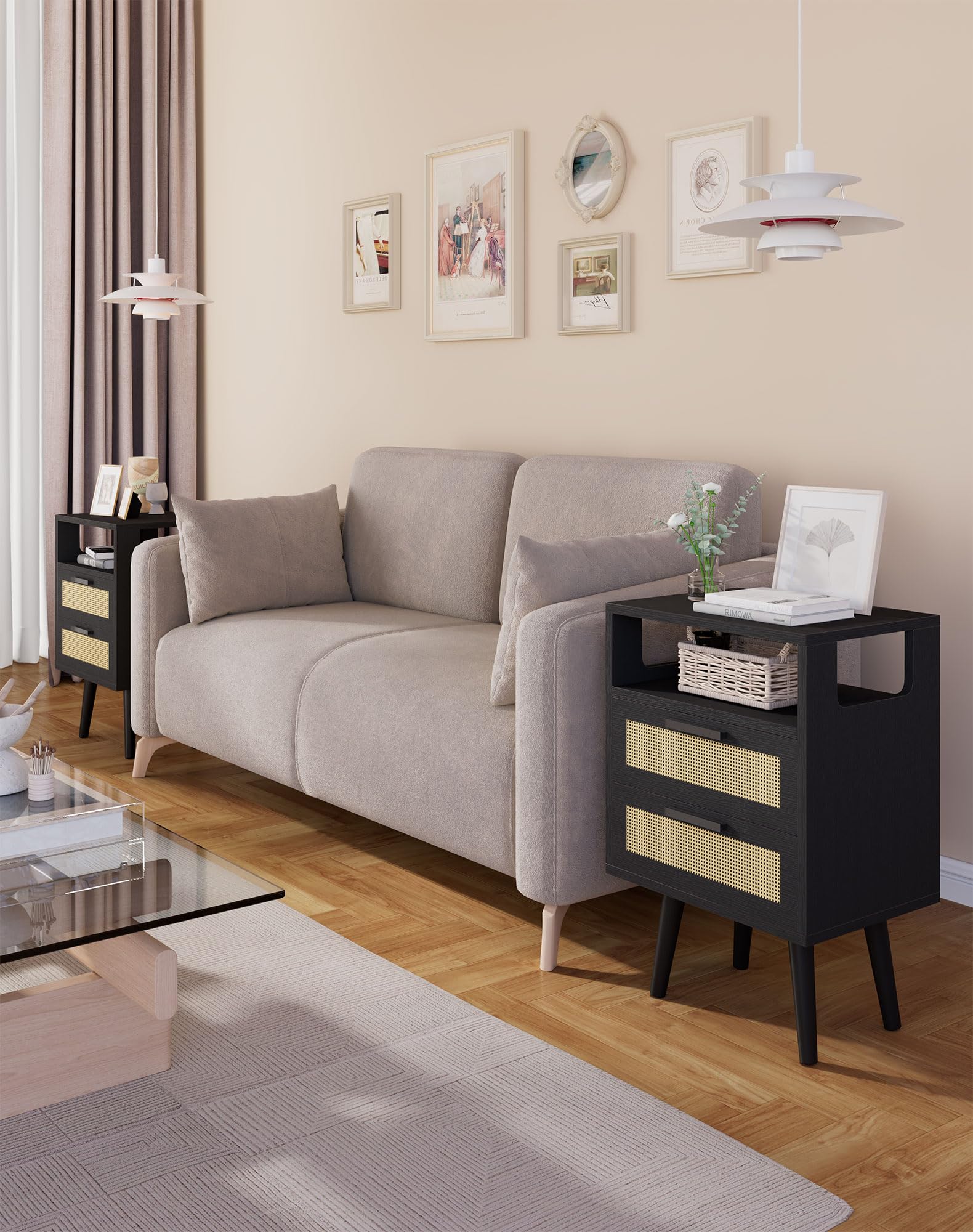 YMYNY Nightstand with 2 Drawers, Boho Side Table, Handmade Rattan Decorated, Open Shelf Unit with Arched Design, Solid Wood Legs, Storage Cabinet for Bedroom, Natural UHST015N