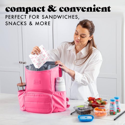 Fit & Fresh Reusable PEVA Storage Bags 3 Pack, Reusable Food Storage Bags, LeakProof Bag, Durable, Reusable Sandwich Bags, Freezer Safe Bags, Hand Wash, Easy to Clean, Eco-Friendly, Pink Bows