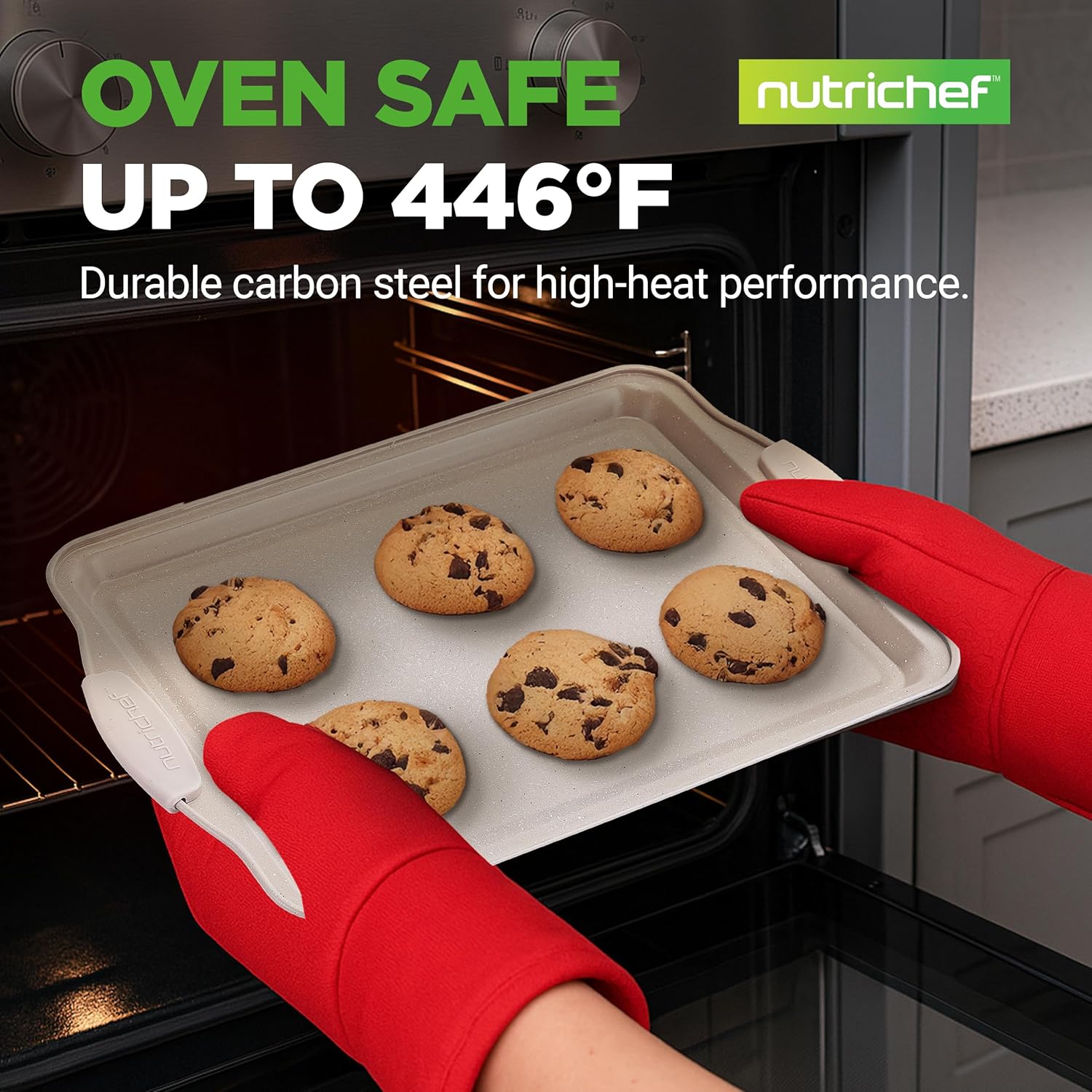 NutriChef Nonstick Cookie Sheets - Premium Carbon Steel Baking Pans with Silicone Handles | Easy to Clean, Cream Marble Finish