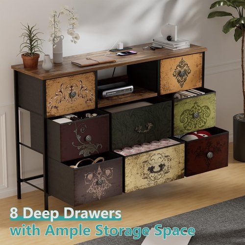 VASICAR Pattern Dresser with LED Lights and Power Outlets, Dresser TV Stand with 8 Drawers for 55" TV, Fabric Chest of Drawers for Bedroom, Living Room, Entryway