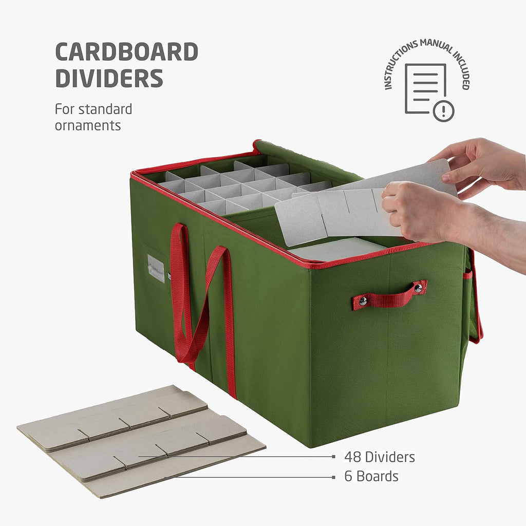 ZOBER Large Christmas Ornament Storage Box - Organizes 128 3" Ornaments with Dividers - Durable Green Container with Extra Pockets & Dual Zipper