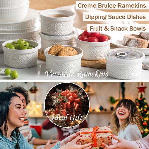 MISSYSSIM Ramekins 6 oz with Lids Oven Safe, Small Creme Brulee Ramekins with Covers, Ceramic Ramekin Set of 4, Mini Prep Pinch Bowls - Dishwasher and Oven Safe, White