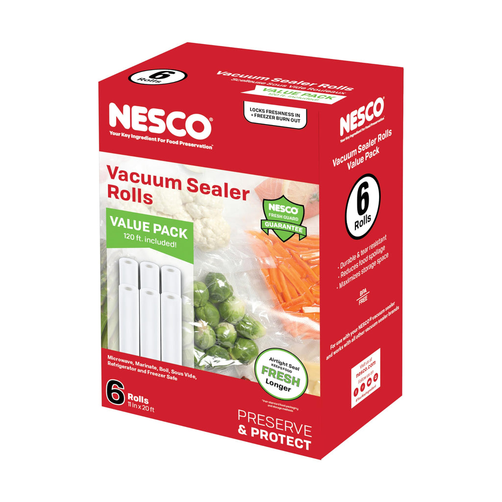NESCO Vacuum Sealer Bag Rolls – 6 Pack of 11" x 20' BPA-Free Rolls, Freezer, Sous Vide, Microwave, Boil & Dishwasher Safe, Works with Most Vacuum Sealers