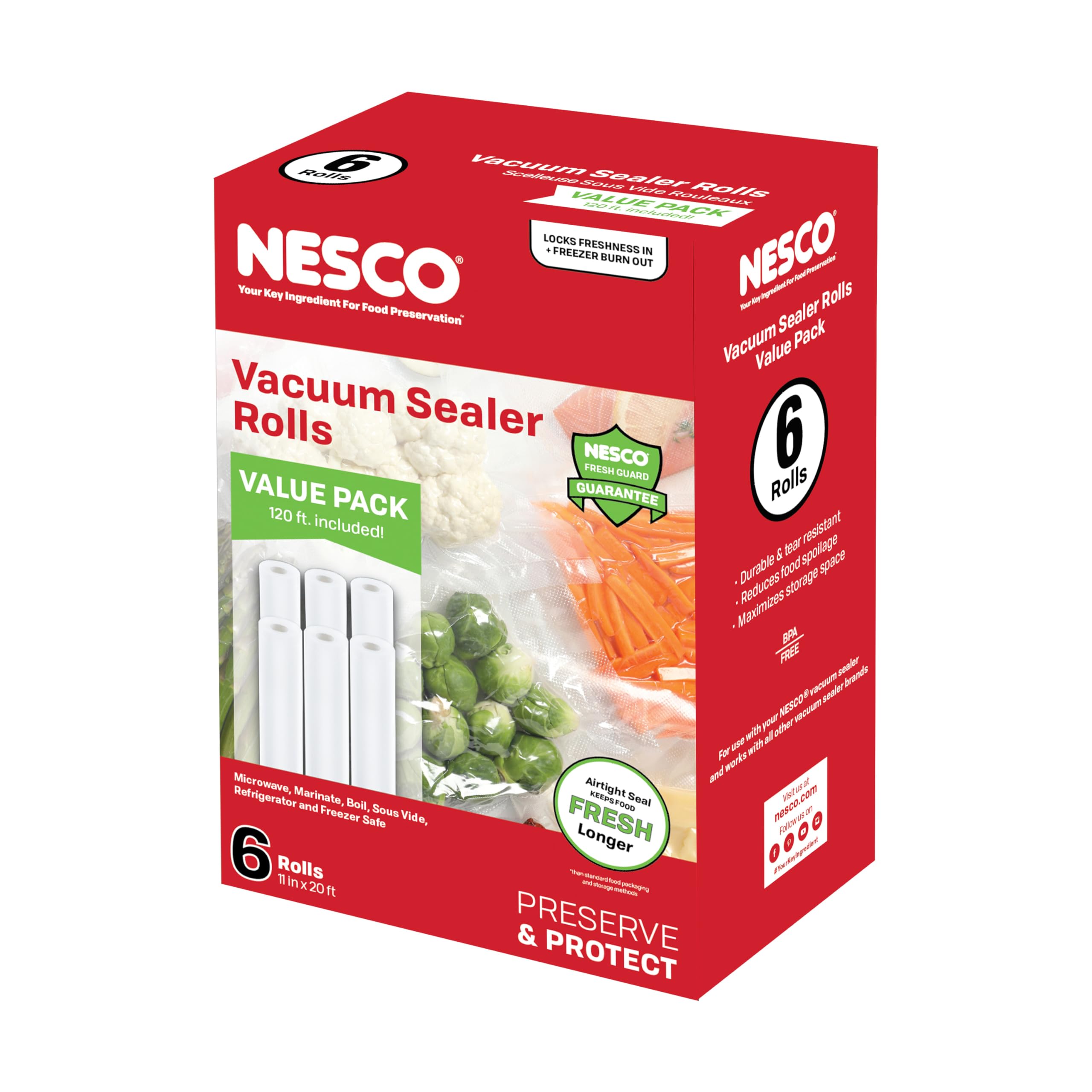 NESCO Vacuum Sealer Bag Rolls – 6 Pack of 11" x 20' BPA-Free Rolls, Freezer, Sous Vide, Microwave, Boil & Dishwasher Safe, Works with Most Vacuum Sealers