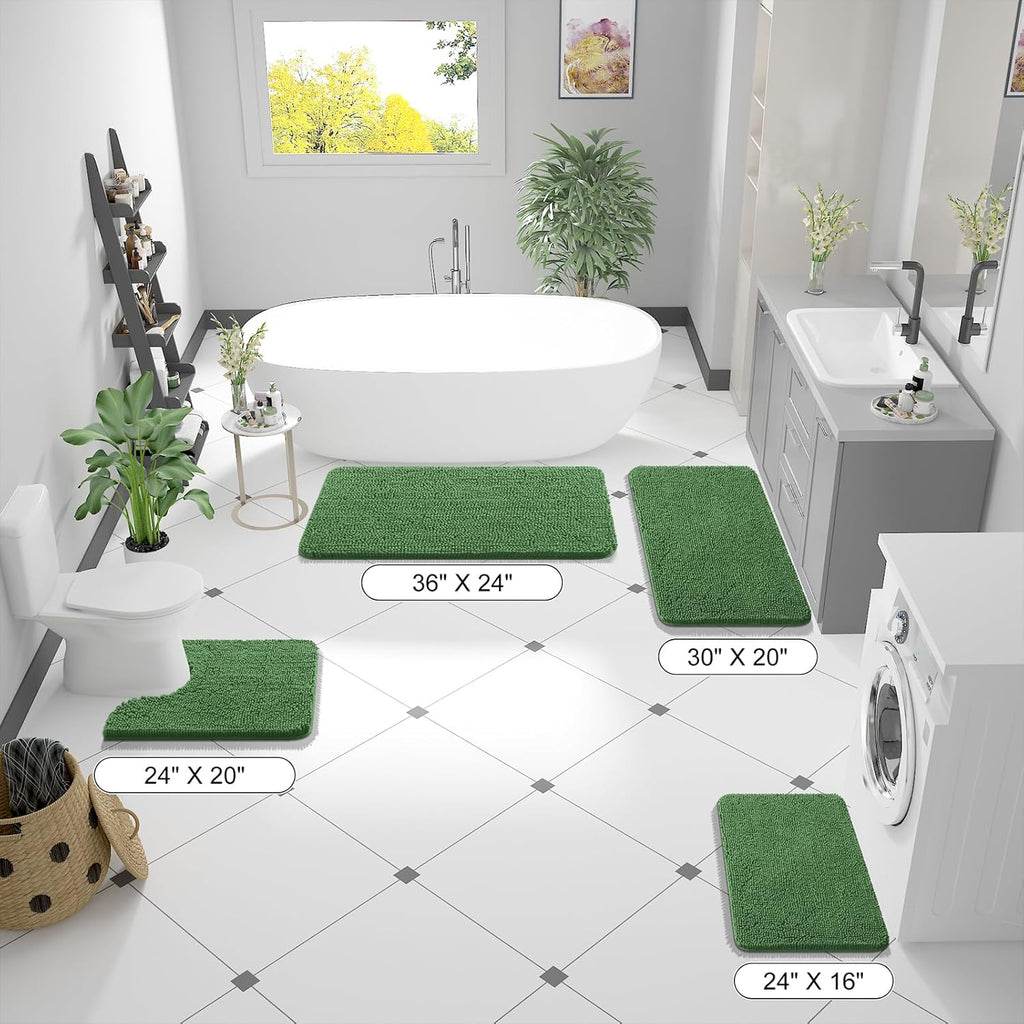 OLANLY Bathroom Runner Rugs - Soft Absorbent Chenille Bath Mat with Rubber Backing | 47x17, Olive Green