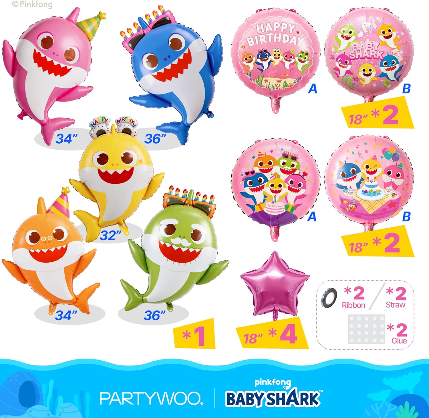 PartyWoo Baby Shark Family Foil Balloons - 13pcs Pink Round & Star Mylar Helium Balloons for Kids' Birthday Party Decorations
