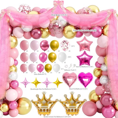 Princess Birthday Party Decorations, Pastel Floral Castle Party Supplies with Pink & Gold Balloon Arch Tulle Curtain Backdrop Banner Sash Crown Tablecloth Cake Topper for Girls Princess Party Decor