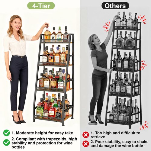 4-Tier Trapezoid Liquor Stand for Home Bar, Stepped Wine Rack Freestanding Floor for Liquor Whiskey Wine, Versatile Corner Wine Bottle Display Stand with Fences, Vintage Brown（Patent Pending）