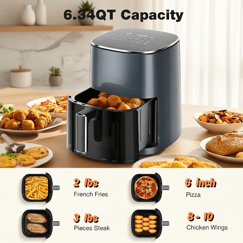 Air Fryer 6.34QT with Clear Window, 12-in-1 Air Fryer Oven, Square Airfryer, Air Fry, Roast, Reheat, Dehydrate, Bake, Steam, 400°F Rapid Air Crispy Technology, Grey