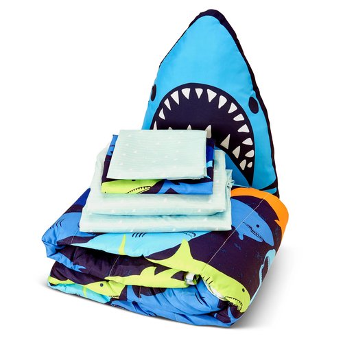 Northwest Classics Twin Sized Shark Adventure 6-Piece Bed in a Bag Set, All Seasons Bedding for Girls and Boys, Comforter, Flat Sheet, Fitted Sheet, Pillowcase, Pillow, Sham