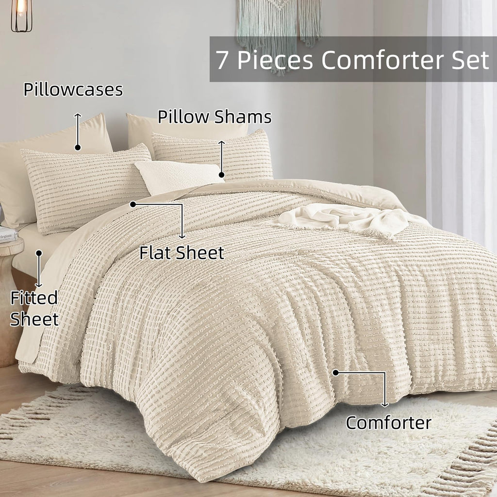Yiran 7 Piece Beige Comforter Set King Bed in a Bag Tufted Texture Striped Boho Comforter Set Fluffy Jacquard Geometric Bedding Set 104"×90"
