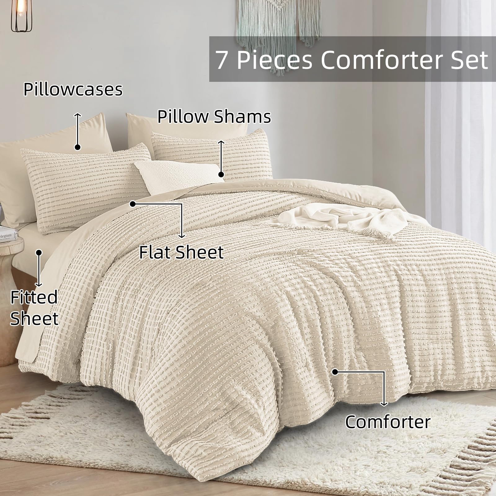 Yiran 7 Piece Beige Comforter Set King Bed in a Bag Tufted Texture Striped Boho Comforter Set Fluffy Jacquard Geometric Bedding Set 104"×90"