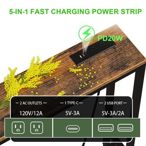 FLORIHOMA 102.4" Behind Couch Table with 2 Fast Charging Stations, 7.1" Narrow Skinny Sofa Table with 4 Power Outlets, 4 USB-A, 2 USB-C for Console Entryway, Rustic Brown