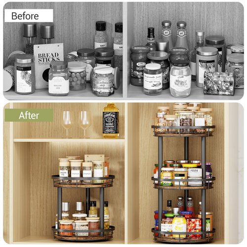 LAMU 12'' Wood Lazy Susan Spice Rack Organizer, 2 Tier Spice Organization for Cabinet, Countertop, Kitchen, Table Top, Pantry, Condiment and Seasoning Rack Organizer