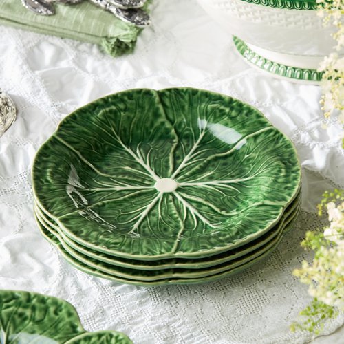 Le Jardin Cabbage 3D SALAD/DESSERT PLATES, SET OF FOUR - 9" Sculpted Green Stoneware Leaf Plates – Seasonal Spring & Summer Tableware for Fresh, Nature-Inspired Dining and Entertaining
