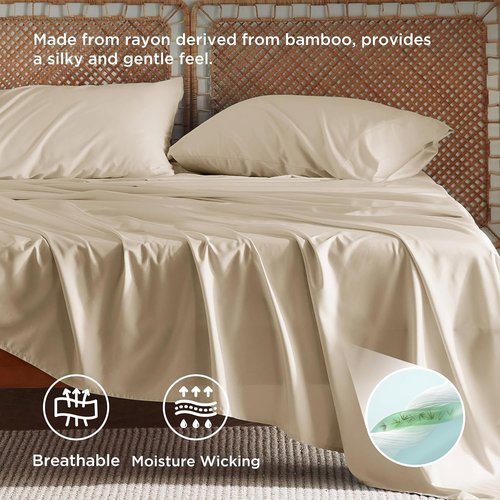 Bedsure Queen Sheet Set - Cooling Bamboo Sheets with Deep Pockets | Soft, Breathable Luxury Bedding in Beige