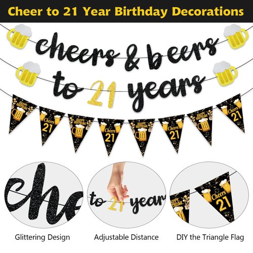 Black Gold 21st Birthday Decorations for Him Men, Glitter Pre-Strung Cheers to 21 Years Banner Hello 21 Hanging Swirls Paper Triangle Flag Banner Decorations Bday Party Supplies Kit