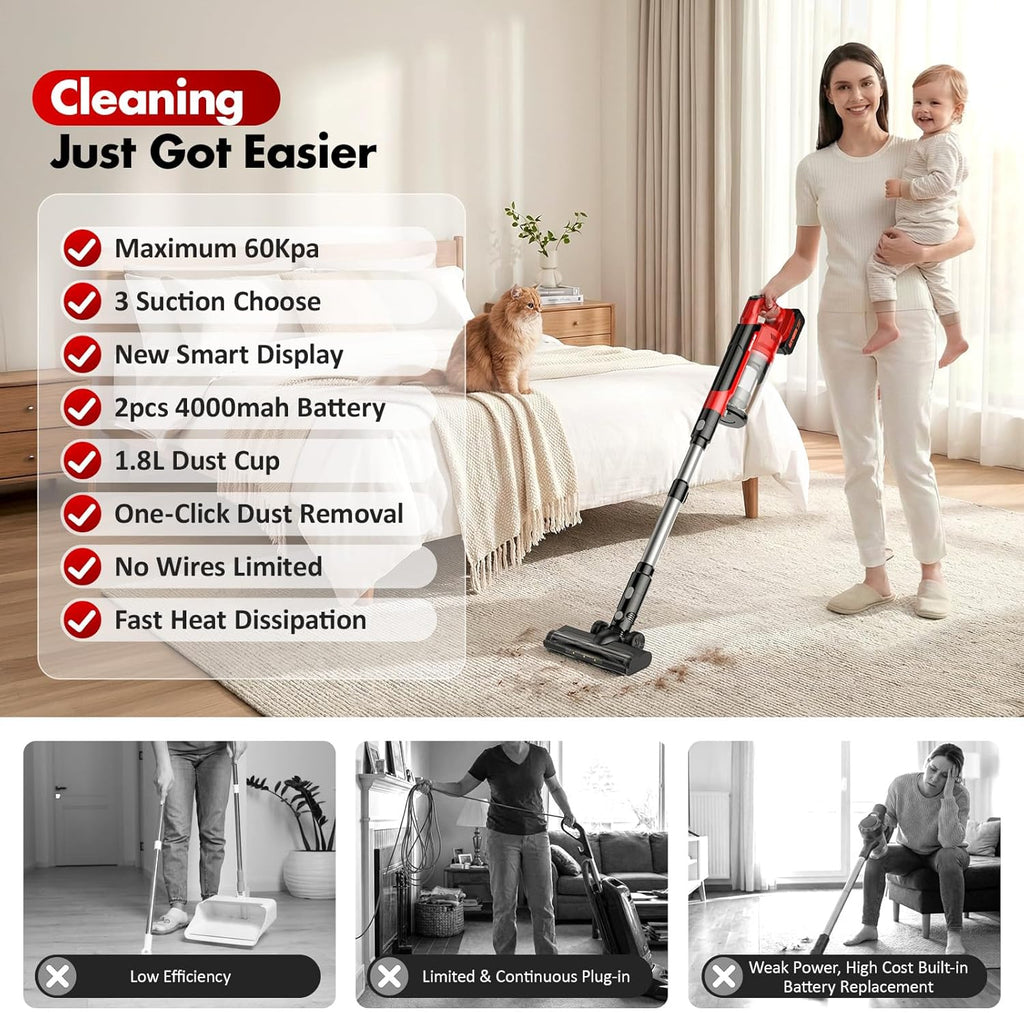 Skiennix Cordless Vacuum Cleaner - 8000mAh Battery, 3 Modes, 6-in-1 Handheld for Pet Hair & Hardwood (Red)