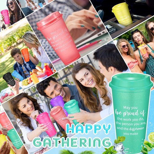 Skylety 96 Pcs Appreciation Tumblers Gifts Bulk 16 oz Thank You Teacher Employee Plastic Coffee Cups with Lids Colorful Reusable Inspirational Tumblers for Coworker Staff Christmas