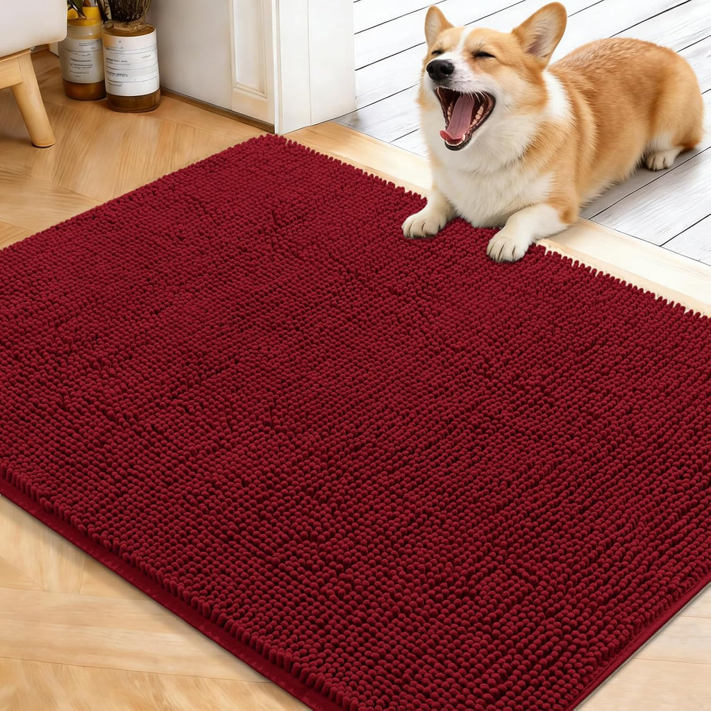 OLANLY Dog Door Mat - Absorbent Non-Slip Washable Doormat for Muddy Paws | 40x32 Red Chenille Mat