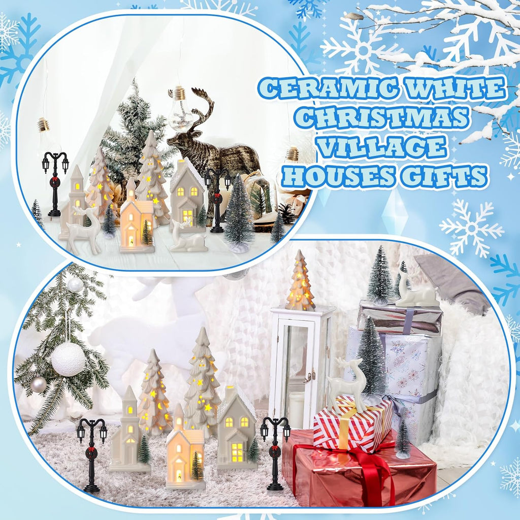 Nuogo 14-Piece Ceramic White LED Christmas Village Houses Set | Includes Tree & Reindeer Figurine