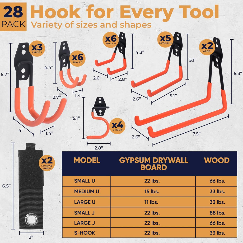 Steel Heavy Duty Garage Hooks by [Brand Name] - 28 Pack Anti-Slip Wall Mount Organizer for Bikes, Ladders & Tools | Orange