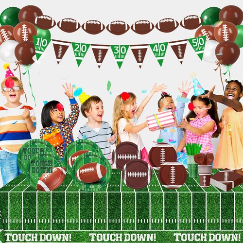 LINHAXM Football Party Decorations Includes Plates, Napkins, Cups, Banner, Balloons, Touchdown Tablecloth for Football Birthday & Tailgate Party Decorations, Serves 24