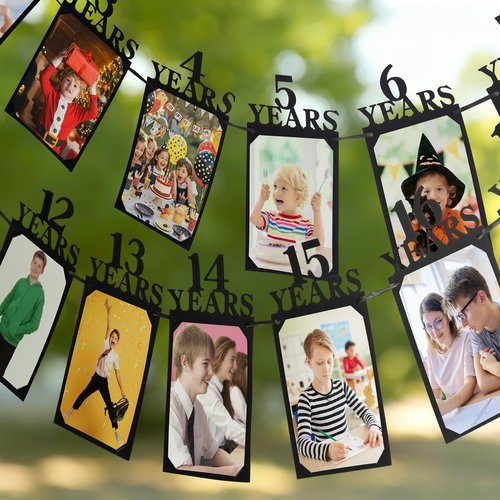 Breling 18th Happy Birthday Photo Banner Newborn to 18th Age Photo Banner Decorations 16th Party Picture Frame Garland Display Party Supplies(18 Years,Black)