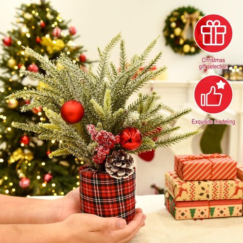 Buffalo Check | 2 Pack Small Christmas Trees - Festive Centerpiece Decor with Pine Cones & Berries