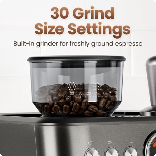 Chefman Crema Deluxe Espresso Machine - Double Boiler & Milk Frother for Simultaneous Brewing | Professional Coffee Maker with Grinder & 30 Grind Settings