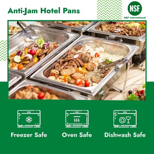 HECMAC 6 Pack Anti-Jam Hotel Pans, Full Size 4 Inch Deep, Heavy Duty, Commercial Stainless Steel Chafing Steam Table Pan, Catering Storage Metal Food Pan, 23 Gauge