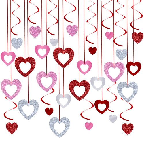 MARFOREVER 48 Pcs Valentine's Day Decorations Glitter Valentines Heart Garland Ornament Red Pink Silver Heart Hanging Swirls Ceiling Decorations for Valentines Day Galentines Day Party Supplies