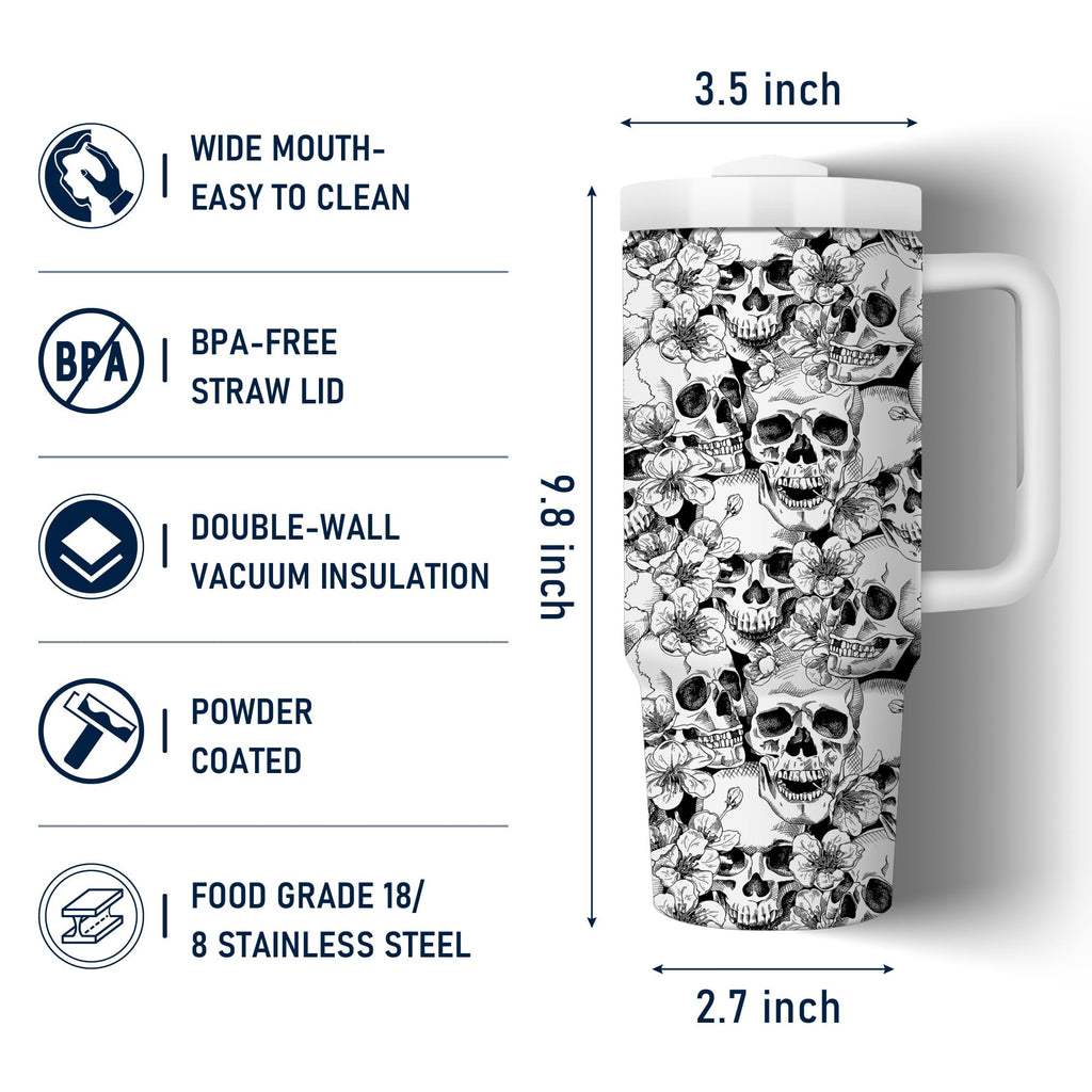 Equoza Flower Skull Halloween 30oz Tumbler with Handle Gift for Her Travel Mug Double Wall Vacuun Insulated Cup with Lid and Straw (Pack of 1)