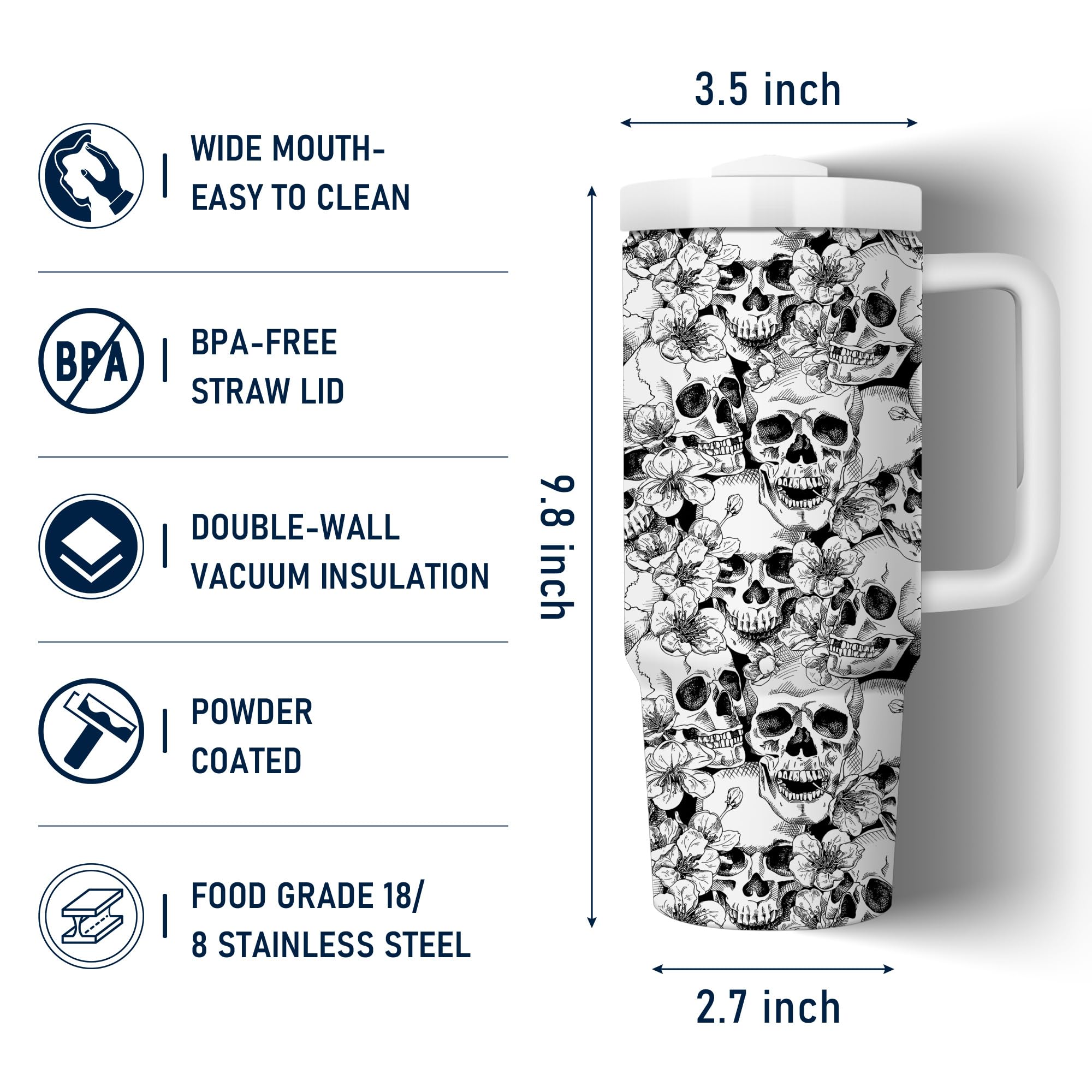 Equoza Flower Skull Halloween 30oz Tumbler with Handle Gift for Her Travel Mug Double Wall Vacuun Insulated Cup with Lid and Straw (Pack of 1)