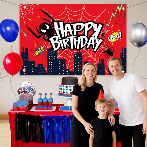 Red Theme Borthday Party Decorations Kit -Red Blue Black Latex Balloons Arch Garland with Web Backdrop for Boys Girls Kids