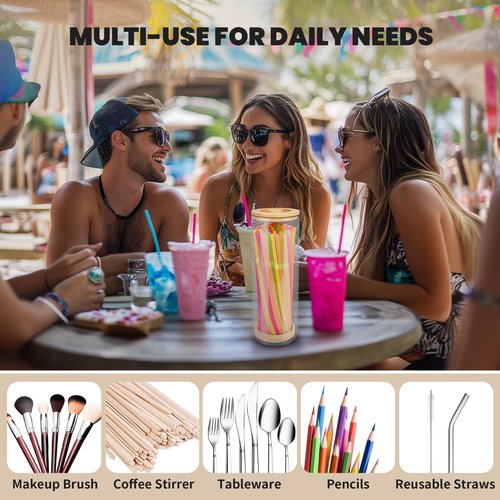 Straws Holder Dispenser for Counter, 10-Inch Drinking Straw Dispenser,Acrylic Straw Organizer with Bamboo Lid,Includes 100 Straws,Transparent Straw Storage Container for Kitchen,Pencils and Silverware