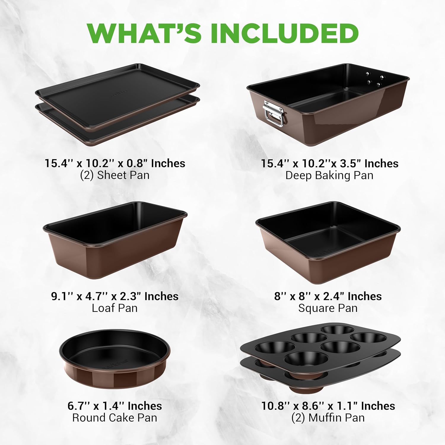 NutriChef 8-Piece Nonstick Bakeware Set - PFOA-Free, Oven Safe Up to 450°F | Round, Loaf, Muffin & Cookie Pans (Brown)