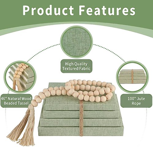 Linen Covered Decorative Books 4 Pieces, Neutral Home Decor Coffee Table Books with Wooden Beaded Tassel, Stacked Books for Rustic Farmhouse Modern, Boho, Bookshelf, Fireplace Mantel Décor, Sage