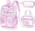 Fimibuke Clear Backpack - Heavy Duty PVC Transparent Bookbag Set for Girls | Includes Lunch Box & Pencil Case, Pink